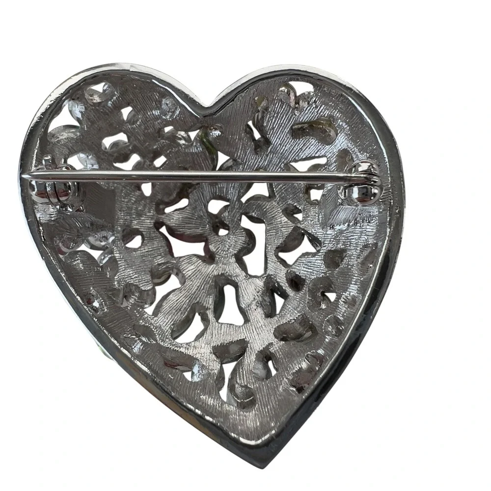 Multicolor‎ Crystal Heart Brooch Silver Tone Rainbow Rhinestone Statement Pin